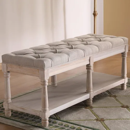 Banco de Almacenamiento Capitoné de Mediados de Siglo con Estante, Banco Otomán Tapizado en Lino Estilo Granja para Entrada/Zapatos con Asiento