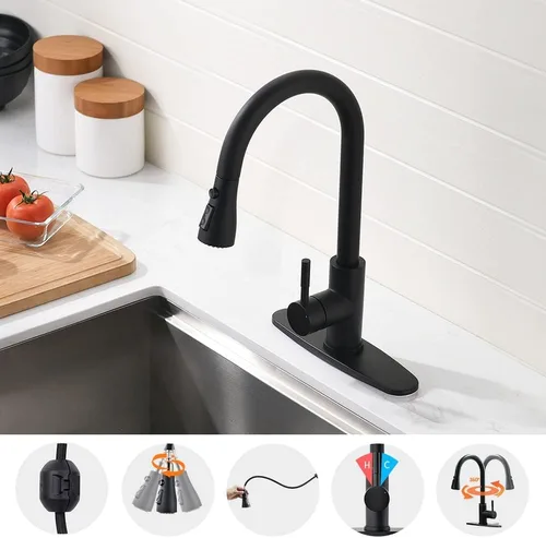 Miniatura 6 de Grifos de cocina de níquel cepillado con rociador extraíble Grifo de fregadero de cocina con rociador extraíble Montaje en cubierta de un solo