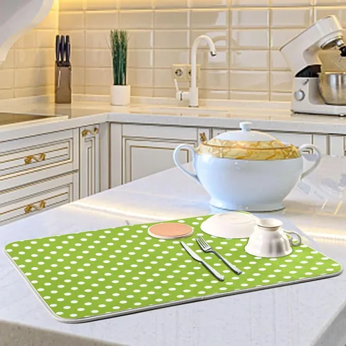 Miniatura 6 de Tapete de secado de platos verde para cocina, tapete de secado de microfibra verde menta con lunares blancos, tapete de secado de microfibra