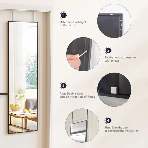 Miniatura 5 de BEAUTYPEAK Espejo de Puerta Ajustable en Altura de 16" x 50", Espejo Colgante de Cuerpo Entero Sobre la Puerta con Vidrio Templado Irrompible
