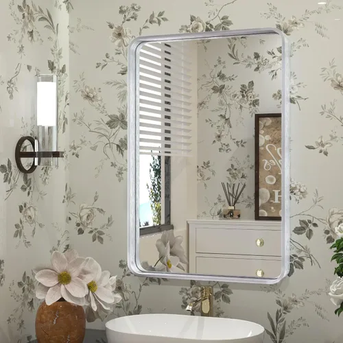 Miniatura 33 de TETOTE Espejo de marco dorado cepillado de 16 x 24 pulgadas, espejo de tocador de baño de latón dorado para pared, espejo enmarcado rectangular