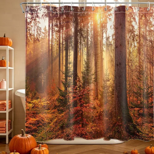 Miniatura 20 de HVEST Cortina de ducha con ganchos, calabaza espeluznante y fantasma con sombrero de bruja negro, juego de cortina de ducha naranja con flores