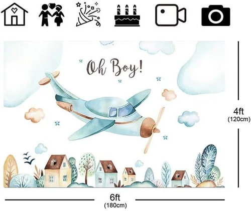 Miniatura 3 de Telón de fondo de baby shower con texto en inglés "Oh Boy", decoración de fiesta de cumpleaños para niños, fondo de avión, para recién nacidos