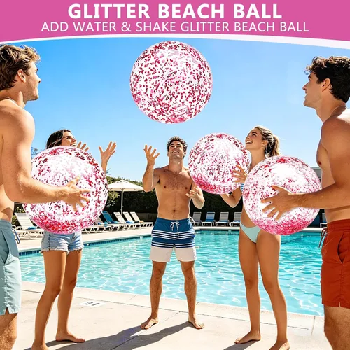 Miniatura 7 de Paquete de 5 bolas de playa de lentejuelas de 16 pulgadas y 24 pulgadas, inflables, confeti con purpurina, pelota de playa transparente, juguete Rosa