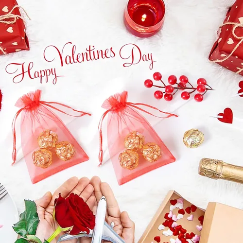 Miniatura 6 de Hopttreely 100 bolsas de organza transparente, bolsas de regalo de joyería roja, bolsas de regalo de boda de Navidad de 4 x 6 pulgadas con cordón