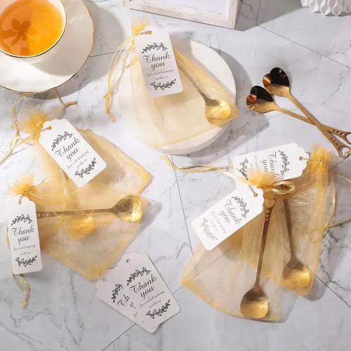 Miniatura 4 de Meanplan Juego de 50 cucharas de corazón doradas para fiestas, cucharas de café de acero inoxidable con bolsas de organza, tarjetas