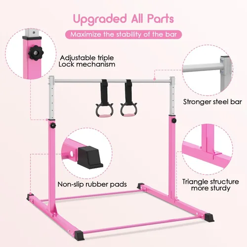 Miniatura 5 de Safly Fun Gymnastics Bar for Kids Ages 3-15 Sturdy Steel Home Gym, Adjustable Height (3 to 5 ft) with Anti-Slip Base, Easy Assembly Rosa