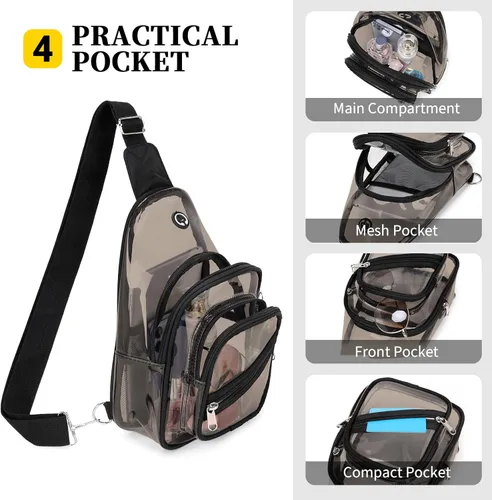 Miniatura 4 de Bolsa transparente para eventos en estadios, mochila transparente para mujer, impermeable, de PVC, cangurera cruzada para conciertos Semi negro