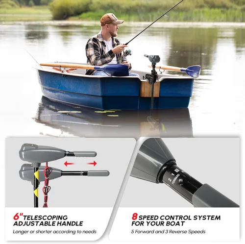Miniatura 2 de PEXMOR Motor de arrastre eléctrico de 8 velocidades, motor eléctrico fuera de borda para barco con mango ajustable e indicador LED, montado