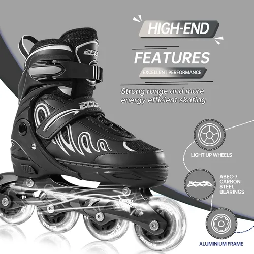 Miniatura 4 de Patines en línea para niñas y niños de 5 a 8 años, 8 a 12 años, ruedas iluminadas, tamaño ajustable, para niños, adultos, mujeres, exteriores Negro