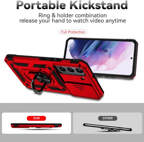 Miniatura 7 de Funda para Samsung Galaxy S22 con cubierta para lente de cámara, protector de pantalla HD, doble capa de grado militar probada contra caídas, Rojo