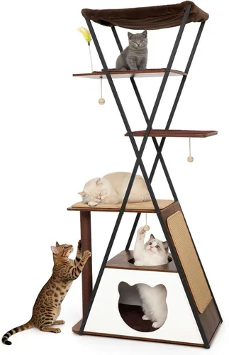 Miniatura 10 de Árbol moderno de madera para gatos grandes de 71 pulgadas, torre alta y resistente para gatos de interior, muebles para gatos de varios niveles