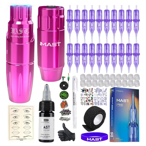 Kit de bolígrafo de tatuaje Mast Tour, fuente de alimentación inalámbrica para tatuaje, kit de ametralladora de tatuaje, 20 agujas de tatuaje de