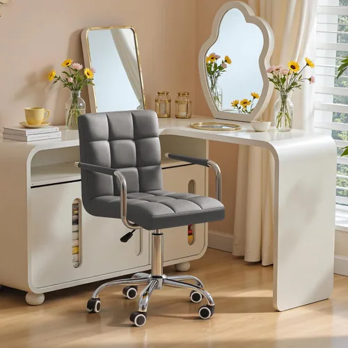 Miniatura 2 de Furmax silla de oficina con respaldo medio de piel sintética, silla ejecutiva moderna, ajustable, silla de escritorio para el hogar, silla de Gris