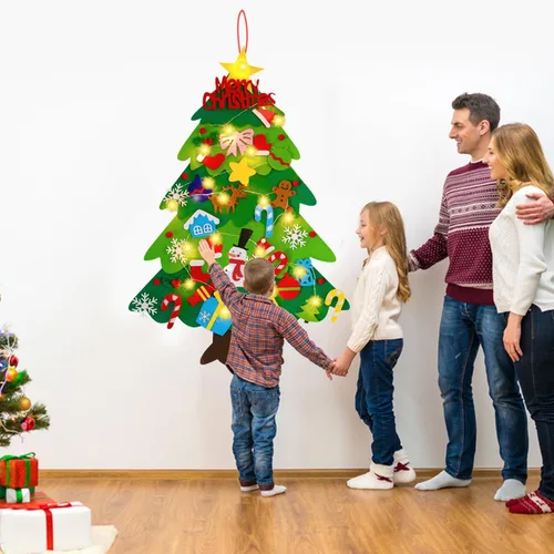 Miniatura 9 de EMPOF Árbol de Navidad de fieltro para niños pequeños - Juego de árbol de fieltro de bricolaje de 1 m con luces de copos de nieve + 32 adornos, Luz
