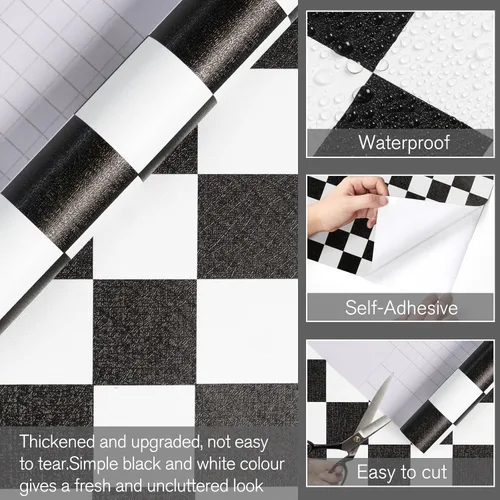 Miniatura 2 de Papel Adhesivo en Contacto Blanco y Negro en Mosaico a Cuadros, Papel Pintado Desmontable y Autoadhesivo en Lattice, Vinilo Impermeable en Rollo