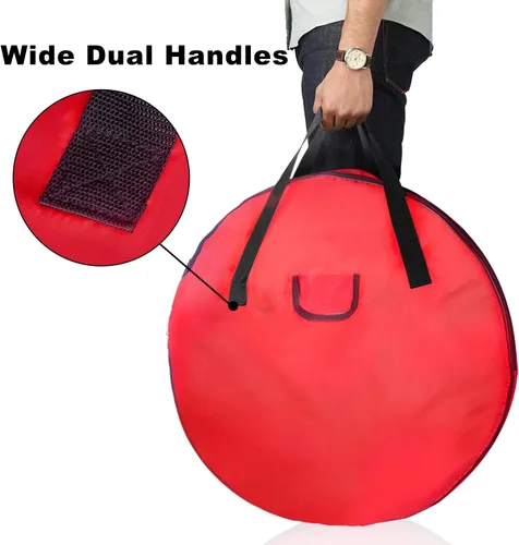 Miniatura 4 de TQS - Bolsa grande para almacenamiento de coronas de Navidad de 30 pulgadas, roja, de algodón, cierre de cremallera, asas reforzadas, dobles Rojo