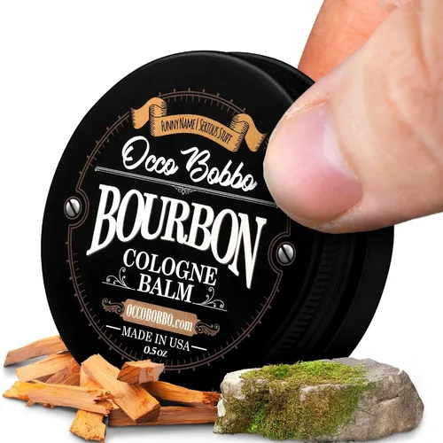 Handy Hound Occo Bobbo Colonia sólida para hombres, aroma a bourbon y sándalo, bálsamo concentrado de 0.5 onzas, mezcla suave de barril de roble