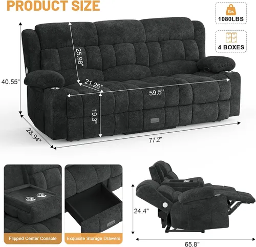 Miniatura 2 de Dresegmt - Sofá reclinable con diseño de respaldo central abatible, sofá de 3 plazas con cajón de almacenamiento, puertos USB y portavasos, sillón