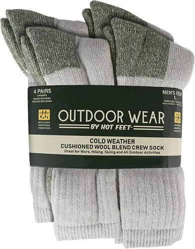 HOT FEET Paquete de 4 calcetines para hombre, calcetines de senderismo activos y exteriores, totalmente acolchados, mezcla de lana térmica,