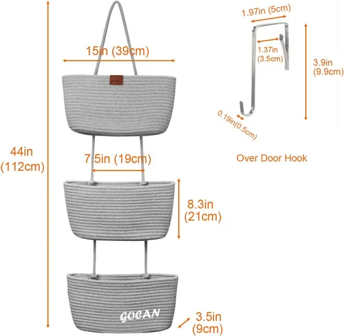Miniatura 3 de GOCAN Cestas de almacenamiento colgantes sobre la puerta, organizador colgante de cuerda de algodón de 3 niveles, cestas colgantes decorativas Gris