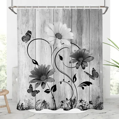 AAtter Cortina de ducha con diseño floral negro, vintage, bonita, blanca, gris, gris, rústico, retro, mariposa, planta oscura, decoración del hogar,