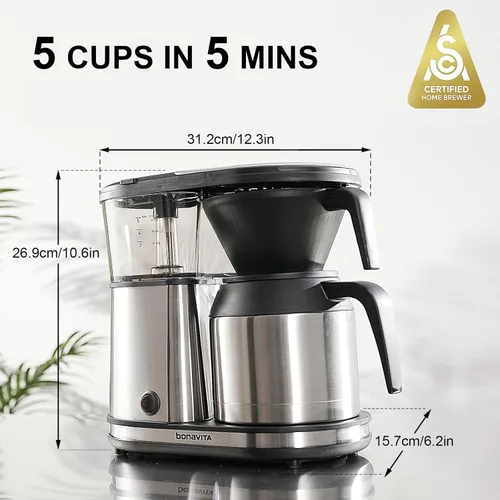 Miniatura 2 de Cafetera digital Bonavita BV1500TD para 5-tazas, acero inoxidable, BV1500TS, Acero inoxidable