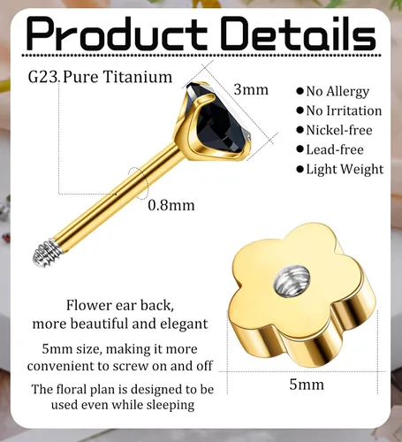 Miniatura 3 de Aretes de titanio G23 hechos a mano de 0.118 in, chapados en oro de 14 quilates, pequeños 5A+CZ, aretes de cartílago hipoalergénicos, aretes