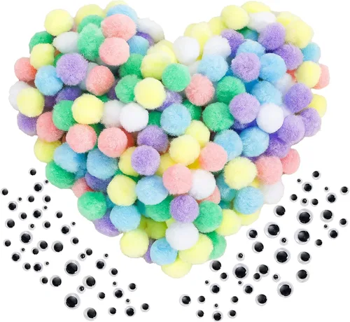 Miniatura 11 de Caydo 1200 pompones para suministros de manualidades, 1050 pompones grandes y pequeños de colores surtidos con 150 ojos saltones Multicolor