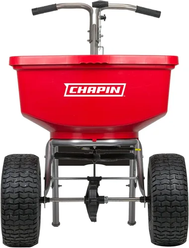 Chapin International 8400C - Esparcidor profesional de 100 libras fabricado en Estados Unidos con marco de acero inoxidable, color rojo