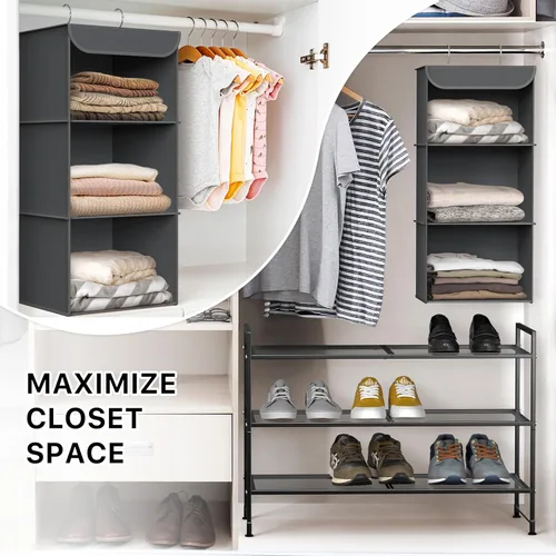 Miniatura 6 de Simple Houseware Organizador de armario colgante de 3 estantes, estantes de almacenamiento de tela con capacidad de 57 litros, gris oscuro