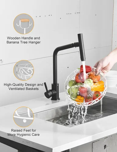 Miniatura 4 de Plato de 2 niveles y frutero – Almacenamiento de frutas y verduras con colgador de árbol de plátano y mango de madera, cesta de frutas para encimera