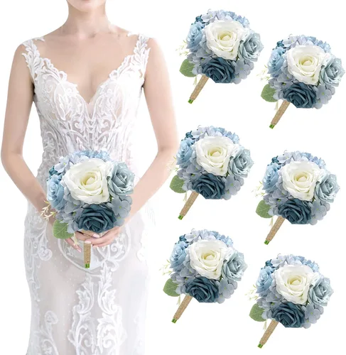 Miniatura 14 de Ramos de dama de honor para boda, juego de 6 ramos de flores artificiales para decoración de otoño, boda, propuesta de matrimonio, fiesta, Naranja