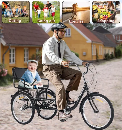 Miniatura 7 de Triciclo para adultos de 7 velocidades, triciclo para adultos con asiento trasero para damas, bicicletas de 3 ruedas de 24 pulgadas, triciclo