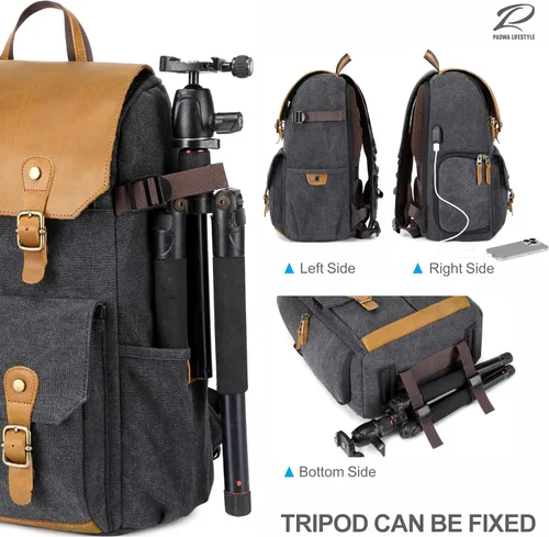 Miniatura 6 de Padwa Lifestyle Mochila para cámara profesional color negro y gris – Retro Crazy Horse Art Bolsa grande para cámara con múltiples cámaras