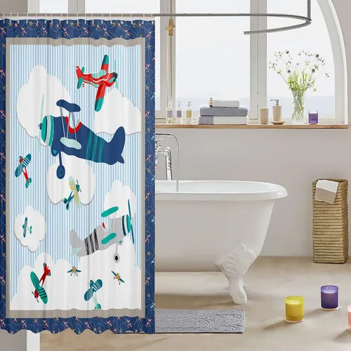Miniatura 3 de Cortina de ducha de avión para niños, cielo azul y nubes blancas, juego de cortina de ducha para niños y adultos, cortina de baño moderna