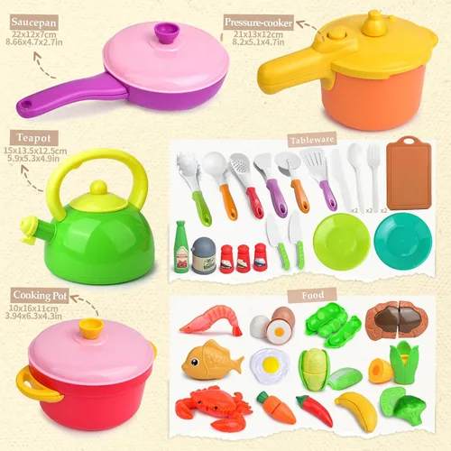 Miniatura 2 de Juego de cocina para niños, 66 juguetes de cocina para niños pequeños con ollas y sartenes, alimentos, utensilios, utensilios de cocina, juego