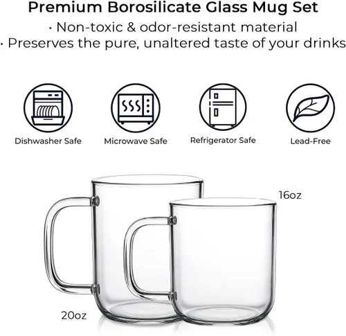 Miniatura 6 de Aquach Juego de 2 tazas de vidrio de 16 onzas, grandes tazas de vidrio transparente con asa para café caliente/frío, té, bebidas y vasos para beber