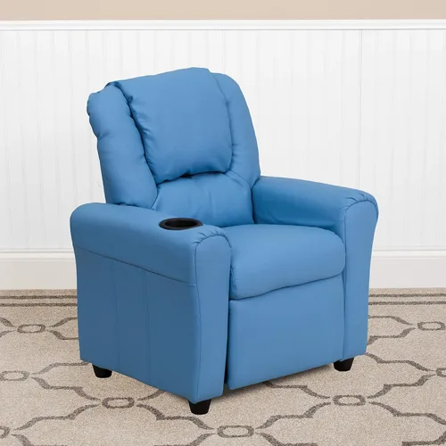 Miniatura 14 de EMMA + OLIVER Sillón reclinable infantil LeatherSoft marrón con portavasos y reposacabezas Piel suave de color café.