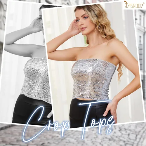 Miniatura 7 de JASGOOD Tops cortos de lentejuelas brillantes para mujer, tops de tubo metálicos sin tirantes, corsé de sirena con purpurina para fiesta y club