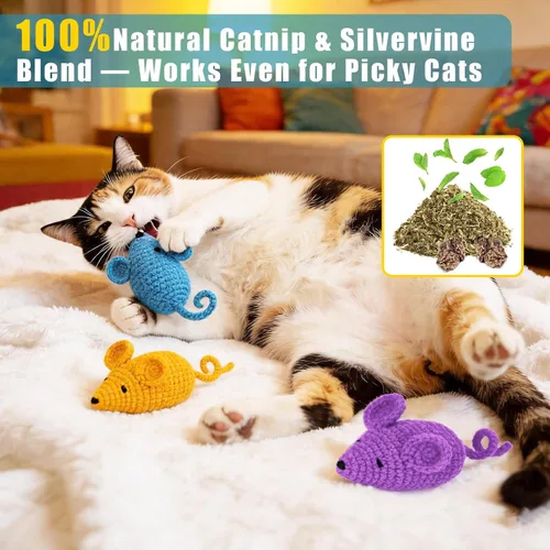 Miniatura 3 de Retro Shaw Juguetes de Hierba Gatera de Ganchillo Ratones para Gatos, 3 Piezas de Ratones de Hierba Gatera de Hilo para Animales, Juguete Seguro