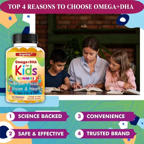 Miniatura 4 de BrightKids Gomitas Omega + DHA para niños y adolescentes, suplementos de concentración y atención para niños, gomitas de enfoque para niños, gomitas