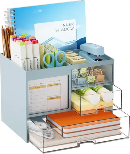 Miniatura 12 de Marbrasse Organizador de Escritorio con 3 Cajones, Soporte Multifuncional para Lápices y Bolígrafos para Escritorio, Organizador de Escritorio