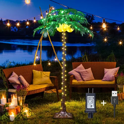 Palmera artificial iluminada de 5 pies, 208 luces LED, decoración con cocos iluminados para exteriores, árbol falso con USB y adaptador para