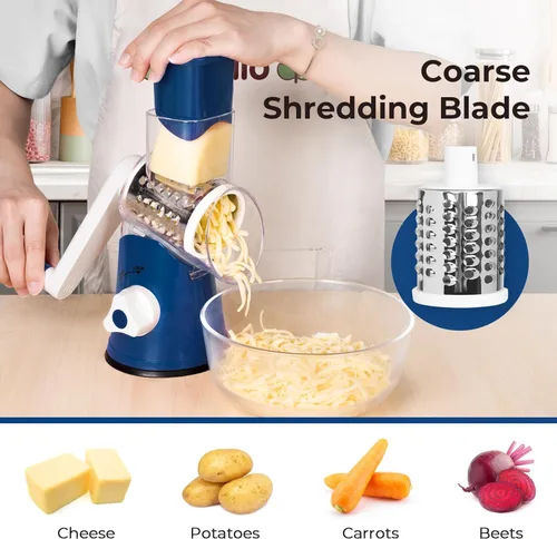 Miniatura 3 de X Home Rallador de queso giratorio para cocina, triturador con 3 cuchillas intercambiables, rallador giratorio con mango y base de succión fuerte