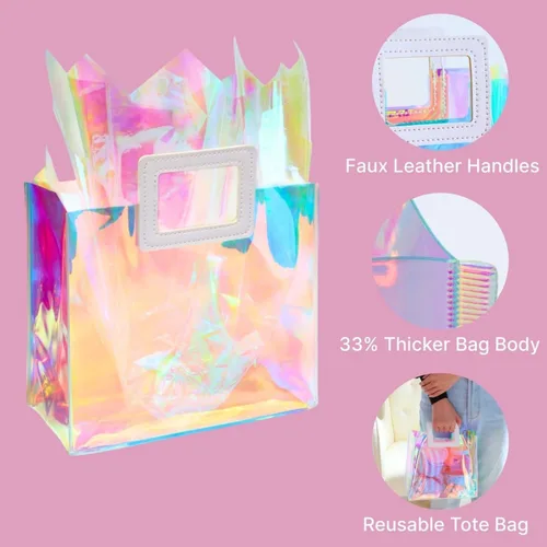 Miniatura 4 de Bolsa de regalo holográfica mediana con papel de seda, reutilizable, bolsa de regalo de cumpleaños para mujeres y niñas, iridiscente, despedida de M