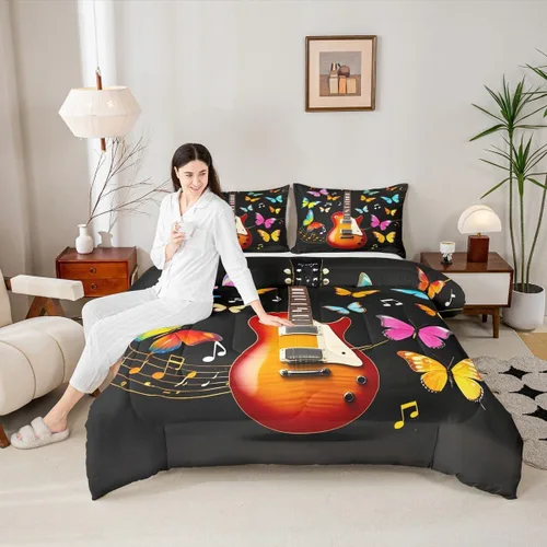Miniatura 2 de Erosebridal Juego de ropa de cama de guitarra, juego de edredón de notas musicales de mariposa, tamaño individual, juego de edredón de música hip