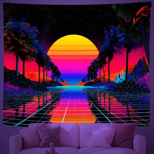 Miniatura 8 de Tapiz de sol de neón de luz negra, tapiz de silueta de palmera de ciudad que brilla en la oscuridad, tapiz para colgar en la pared, reactivo a