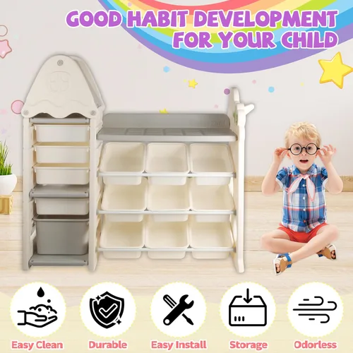 Miniatura 3 de Organizador de almacenamiento de juguetes para niños de 4 niveles con 14 cubos de juguetes extraíbles, compacto, estilo bohemio, organizador