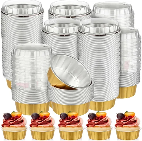 Miniatura 10 de Tessco for you 200 moldes desechables con tapas, 8 onzas, Ramekin Creme Brulee Ramekin, papel de aluminio, para cupcakes, para hornear, San plateado